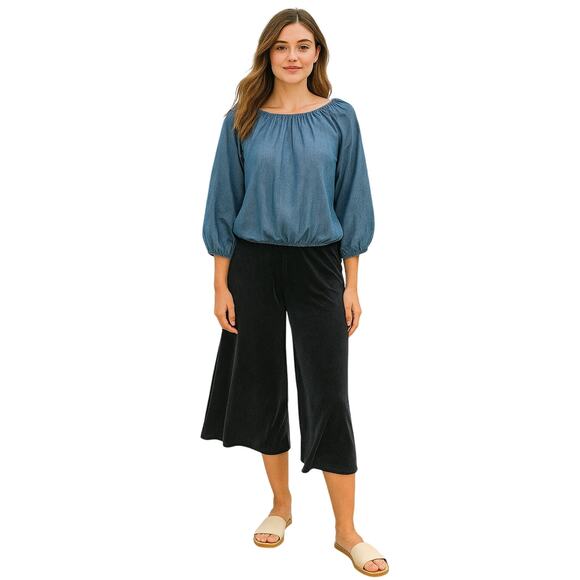 Chicos 2 (L) acetate pull on slinky gaucho wide leg crop pants black stretch - Picture 1 of 8
